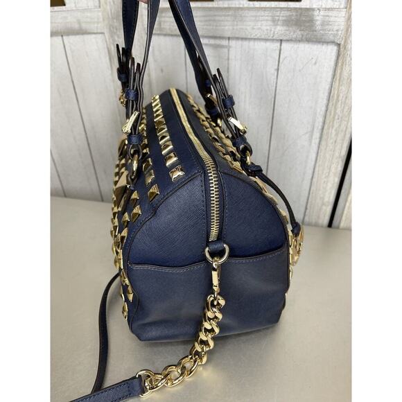 Michael Kors Navy Blue Leather Gold Studded Grayson Satchel Top Handle - Picture 5 of 12
